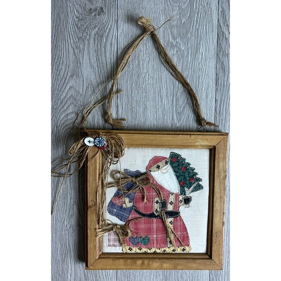 Country Cottagecore Santa Claus Christmas Wall Art Folk Art Decor Fabric Buttons - Picture 3 of 8